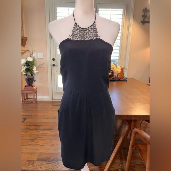 Sheri Bodell Black Silk Halter Mini Dress S Metal Ring Detail Tribeca Glam NWT - Picture 4 of 9